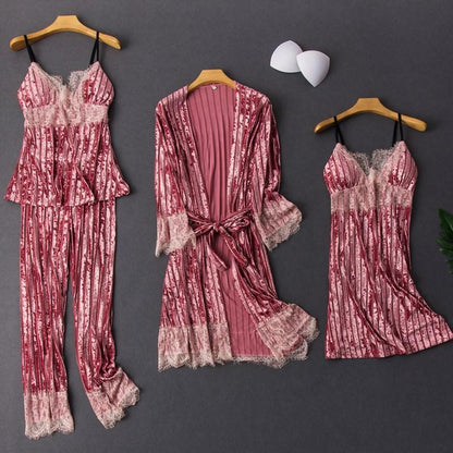 Lady Pajamas Suit Nighty&amp;Robe Set Sexy Velvet Sleepwear Intimate Lingerie 2023 Autumn New Kimono Gown Homewear Nightgown - NawdeX