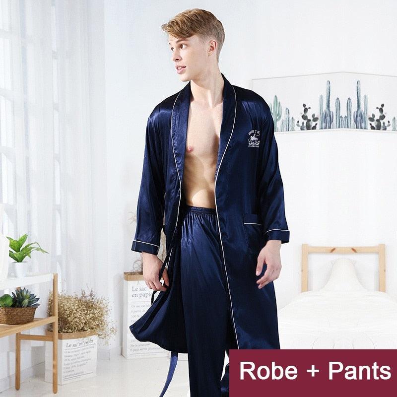 Men/Groom Robe Set Satin Loose Kimono Bathrobe Gown Sexy Long Sleeve Autumn Sleepwear Nightgown - NawdeX