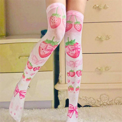 Women Sweet Sexy Thigh High Stockings Autumn 3D Printing Red Strawberry Pink Sweet - NawdeX