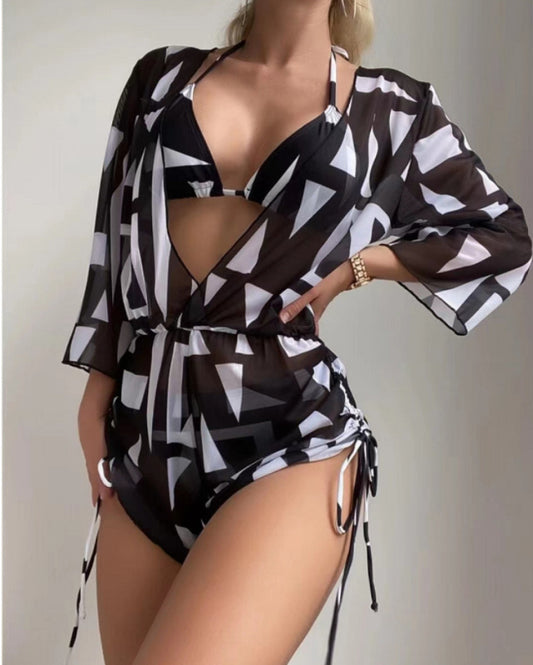 Women's Tropical Print Bikini Deep V-neck Long Sleeve Three Pieces Set - NawdeX