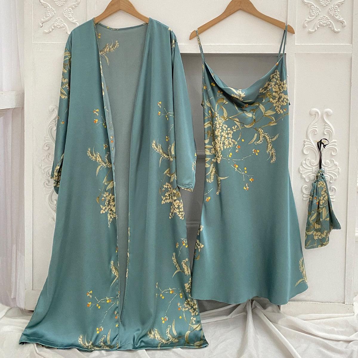 Print 2pcs Robe Sleep Suit Women Bridal Kimono Bathrobe Gown Lingerie Satin V-Neck Sleepwear Strap Nightgown Loungewear - NawdeX