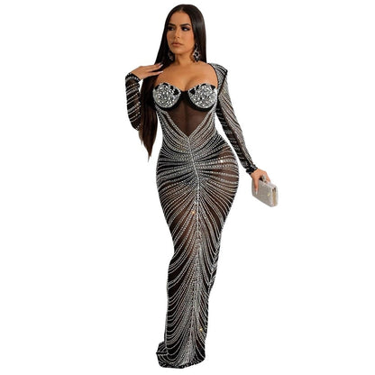 Women Elegant Long Maxi Dress Sexy gowns Deep V-neck Party Dresses Female Long Sleeves Vintage Diamond Dress - NawdeX