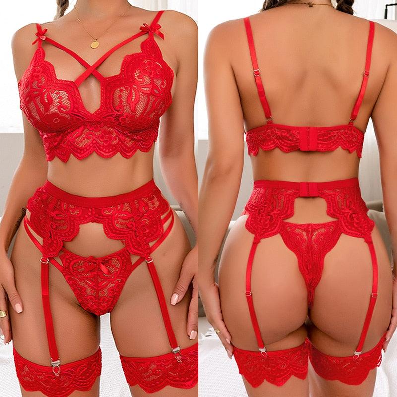 Sexy Erotic Lingerie Women Bra And Panty Garters 3pcs See Through Lingerie Sets - NawdeX