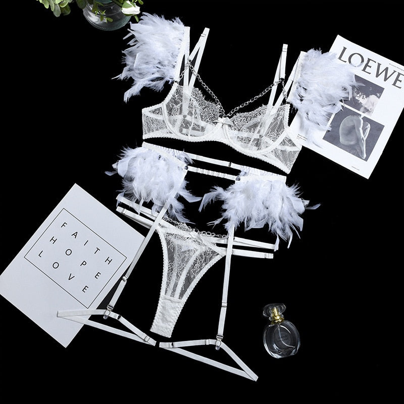 Feather Sensual Lingerie Sexy Transparent Lace Bra with Chain Exotic Sets Porn 3 Piece Set Garters Erotic Costumes - NawdeX