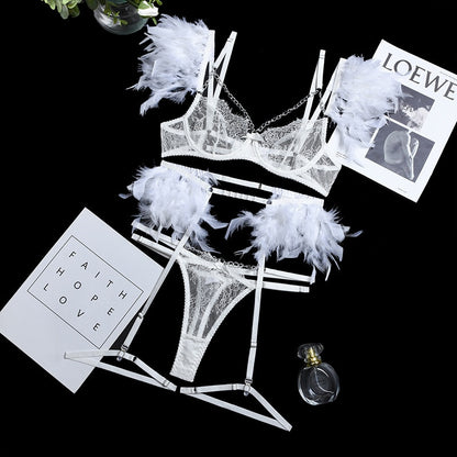 Feather Sensual Lingerie Sexy Transparent Lace Bra with Chain Exotic Sets Porn 3 Piece Set Garters Erotic Costumes - NawdeX