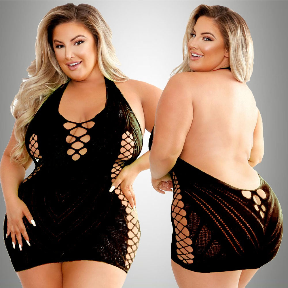 Plus Size Sexy Lingerie One-Piece Bodysuit Women  Set Sheer Rhinestone Underwear Transparent Open Strapless Erotic - NawdeX