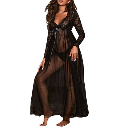 Women Summer Floral Lace Transparent V-Neck Dress Underwear Sexy Long Mesh Dress Shirt Kimono Robe Oversized Fat Petticoat Dress - NawdeX