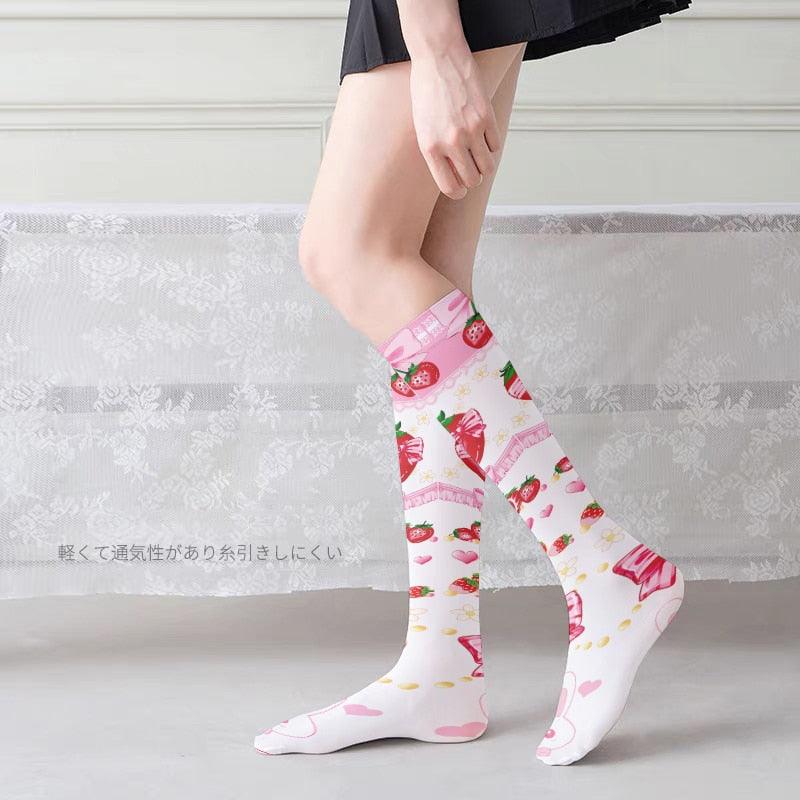 Women Sweet Sexy Thigh High Stockings Autumn 3D Printing Red Strawberry Pink Sweet - NawdeX