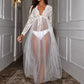 Women Summer Floral Lace Transparent V-Neck Dress Underwear Sexy Long Mesh Dress Shirt Kimono Robe Oversized Fat Petticoat Dress - NawdeX