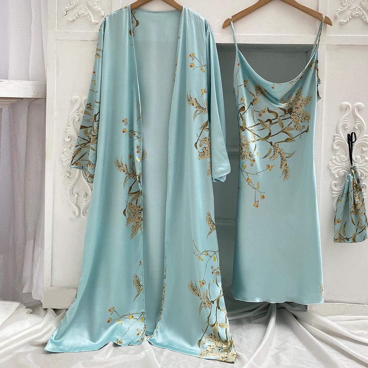 Print 2pcs Robe Sleep Suit Women Bridal Kimono Bathrobe Gown Lingerie Satin V-Neck Sleepwear Strap Nightgown Loungewear - NawdeX