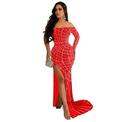 Women Elegant Long Maxi Dress Sexy gowns Deep V-neck Party Dresses Female Long Sleeves Vintage Diamond Dress - NawdeX