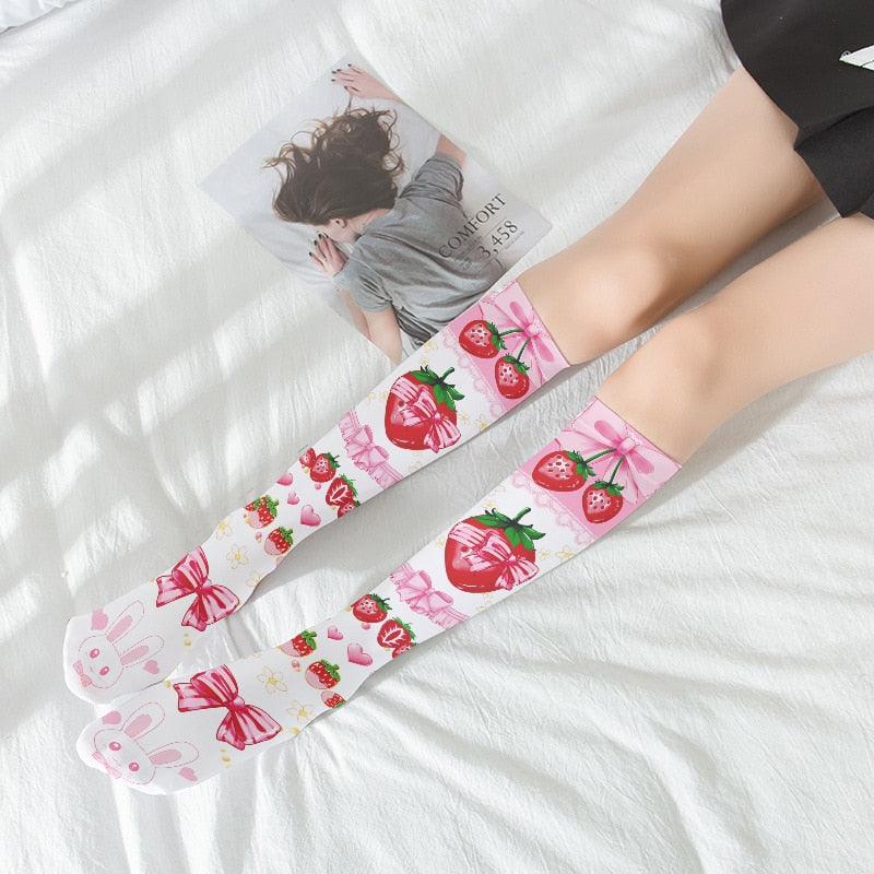 Women Sweet Sexy Thigh High Stockings Autumn 3D Printing Red Strawberry Pink Sweet - NawdeX