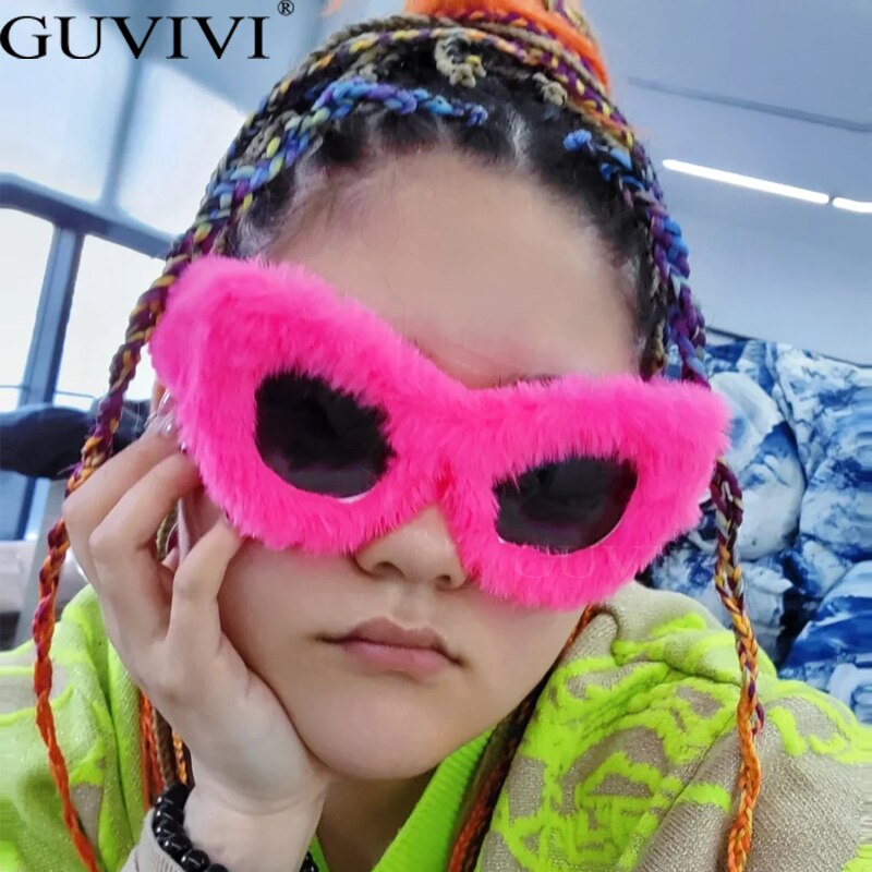 Hip Hop Fluffy Cat Eye Sunglasses Funny Cosplay Party Vintage Furry Eyeglasses Ins Kadashian Fashion New Pink Red Black Shades - NawdeX