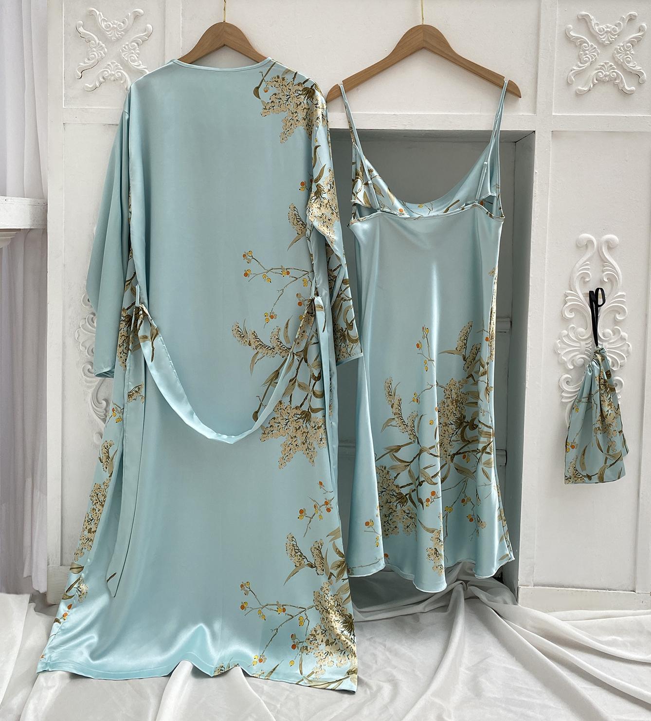 Print 2pcs Robe Sleep Suit Women Bridal Kimono Bathrobe Gown Lingerie Satin V-Neck Sleepwear Strap Nightgown Loungewear - NawdeX