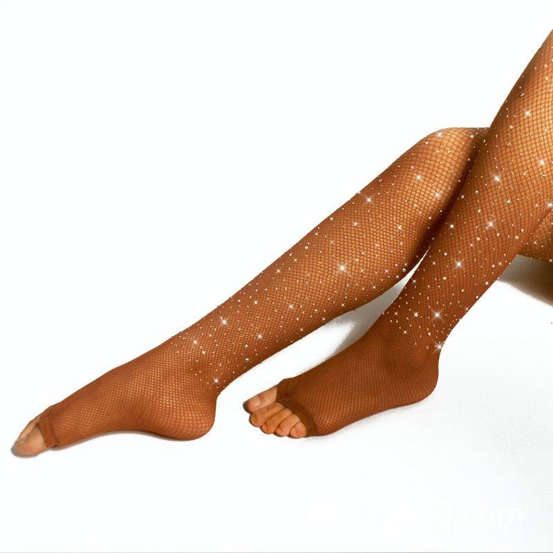 Hot Rhinestone Open Toe Diamond Fishing Mesh Caramel-colored Pantnet Dance Wear Latin Stockings - NawdeX