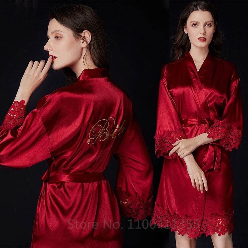 Summer Lace Sleepwear Bride&amp;Bridemaid Wedding Robe Gown Solid Embroidery Kimono Bathrobe Women Casual Home Night Dress M L Xl - NawdeX