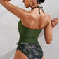 Drawstring Ruched Halter Neck Swim Top and Camouflage Bottoms Set - NawdeX