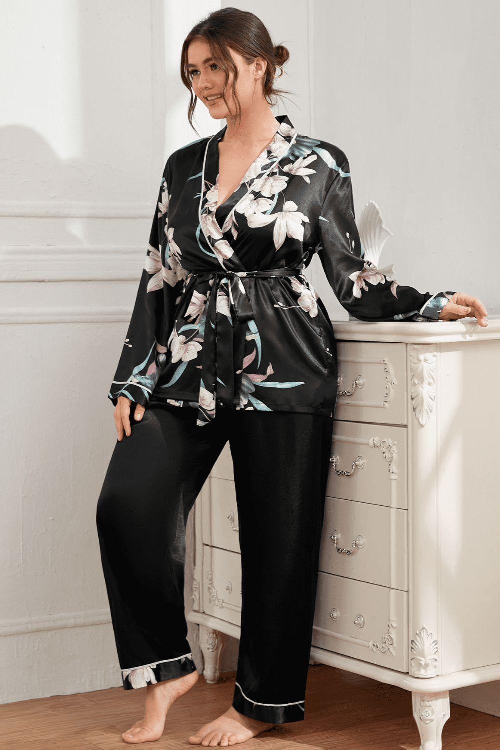 Plus Size Floral Belted Robe and Pants Pajama Set - NawdeX