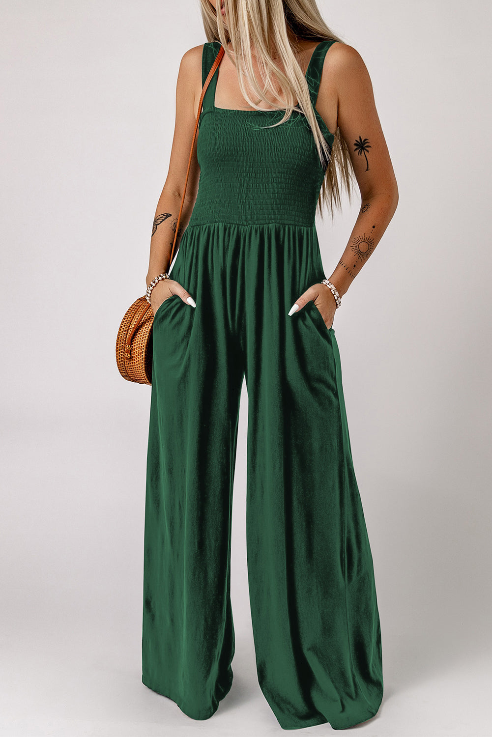 Smocked Square Neck Wide Leg Jumpsuit with Pockets - NawdeX