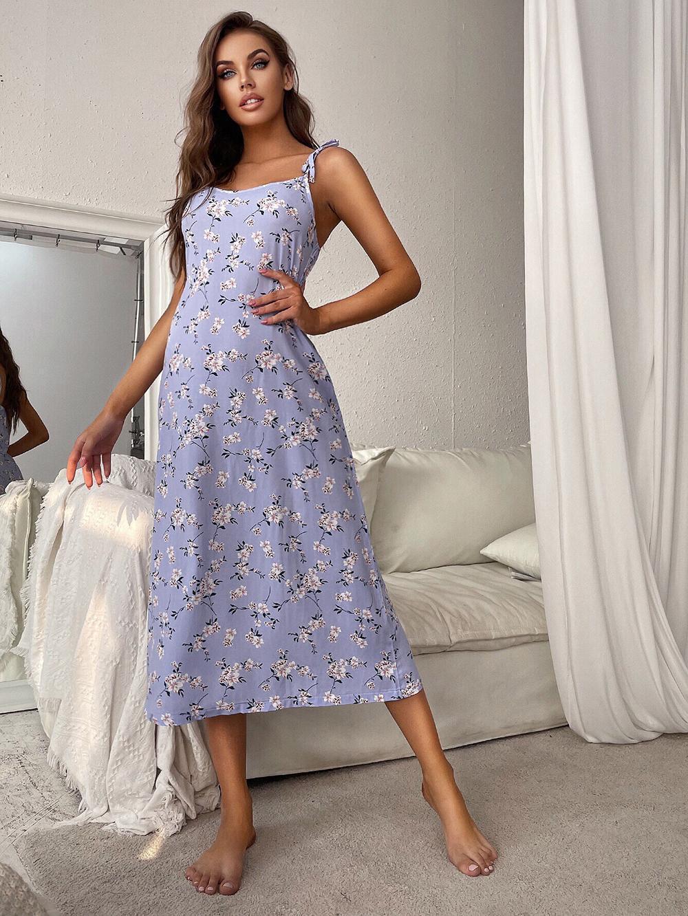 Printed Tie Shoulder Midi Night Dress - NawdeX