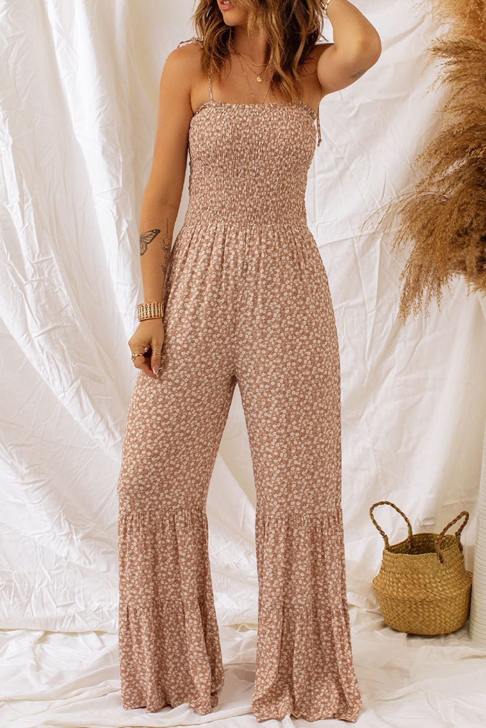 Floral Spaghetti Strap Smocked Wide Leg Jumpsuit - NawdeX