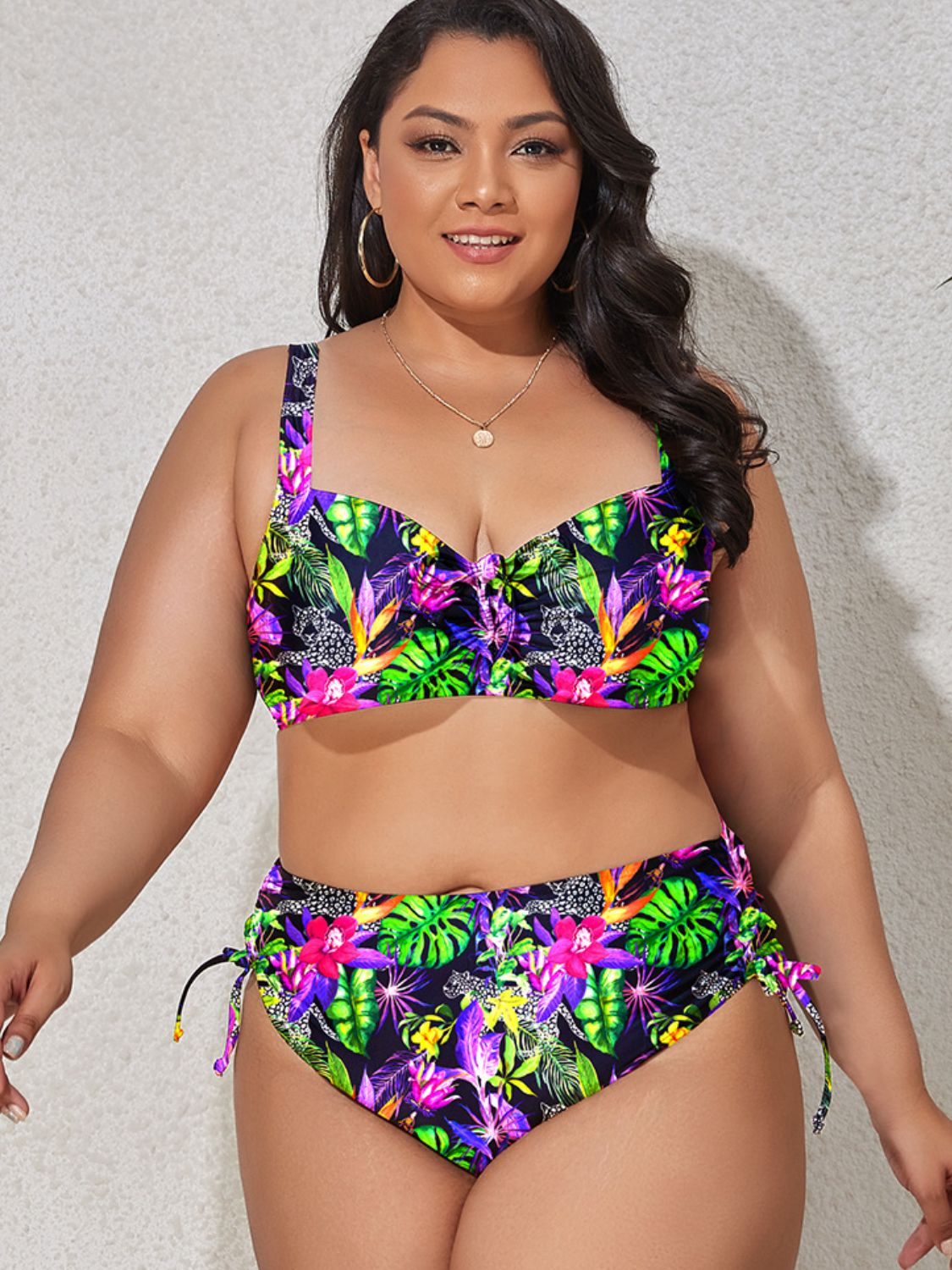 Plus Size Printed Drawstring Detail Bikini Set - NawdeX