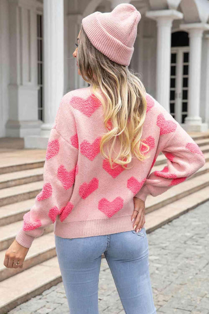 Round Neck Dropped Shoulder Sweater with Heart Pattern