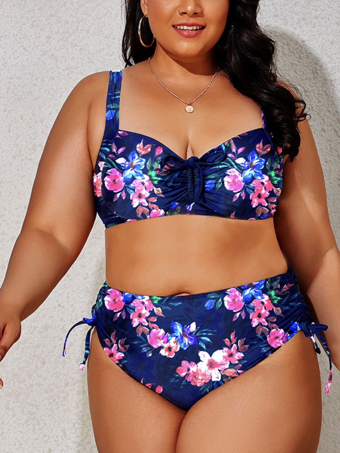 Plus Size Printed Drawstring Detail Bikini Set - NawdeX