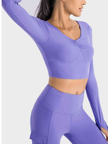 Ruched Cropped Long Sleeve Sports Top - NawdeX