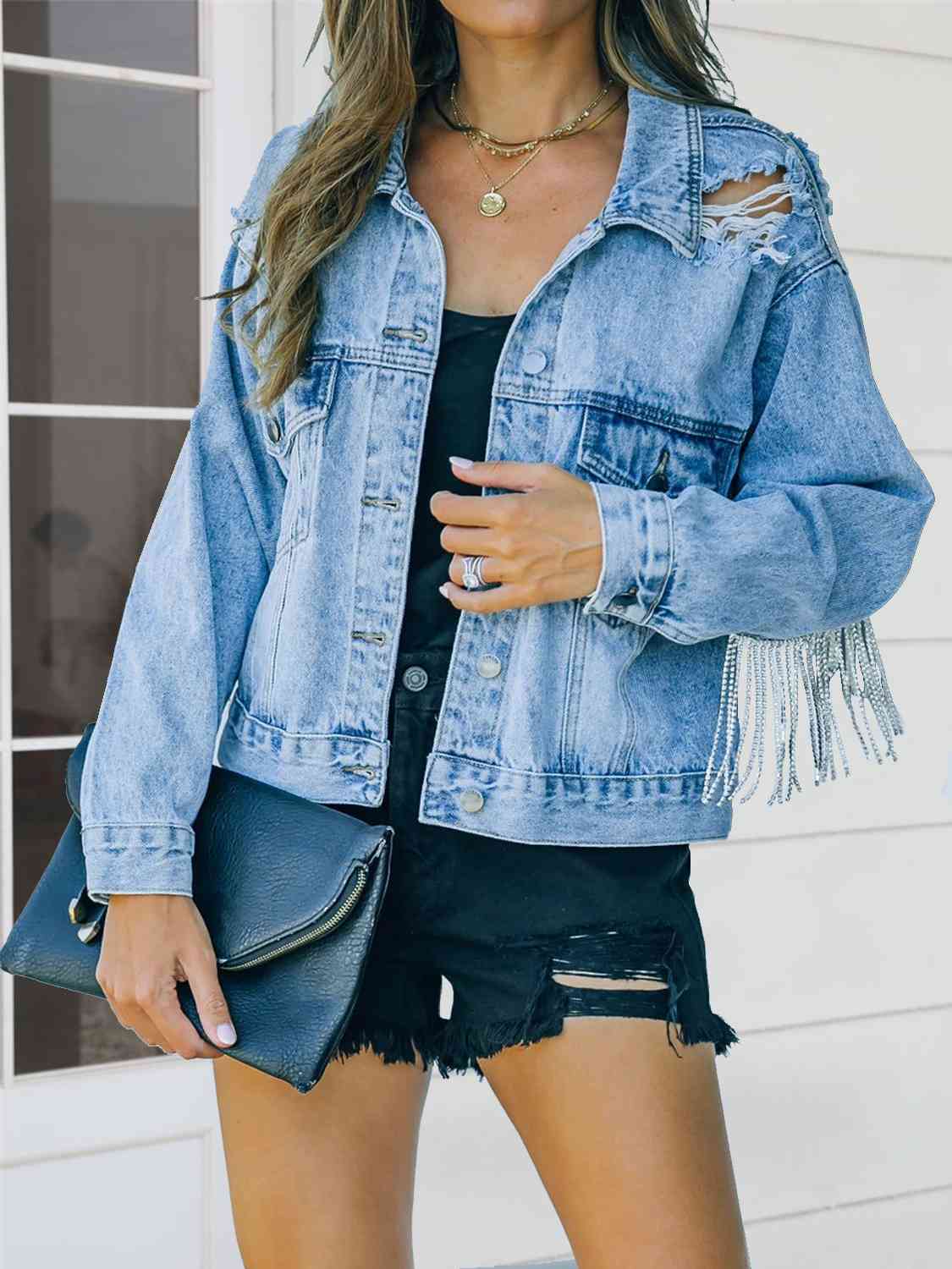 Distressed Fringe Denim Jacket - NawdeX