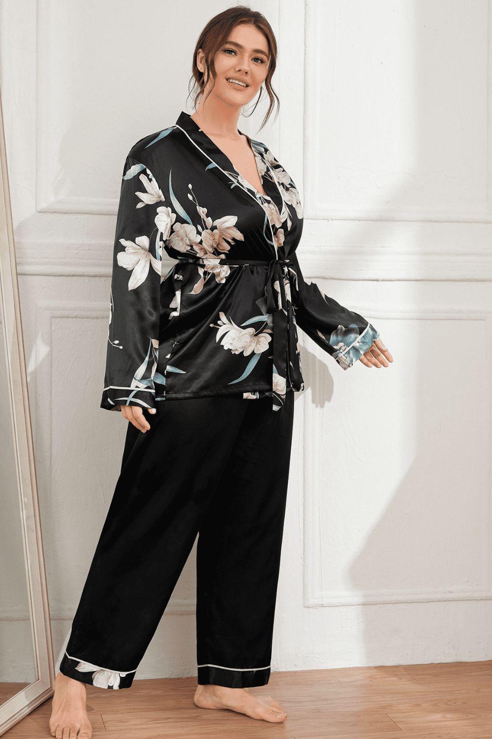 Plus Size Floral Belted Robe and Pants Pajama Set - NawdeX