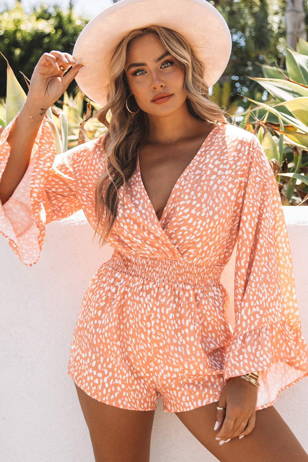 Printed Flare Sleeve Surplice Romper - NawdeX