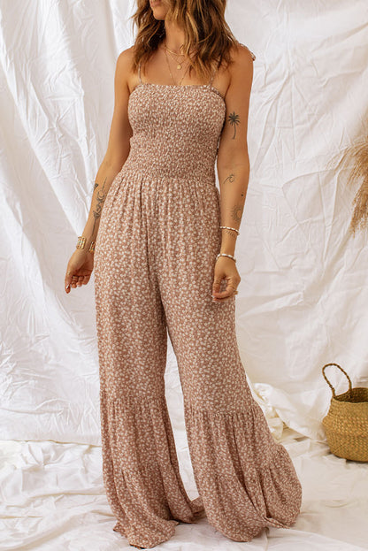 Floral Spaghetti Strap Smocked Wide Leg Jumpsuit - NawdeX