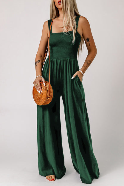 Smocked Square Neck Wide Leg Jumpsuit with Pockets - NawdeX