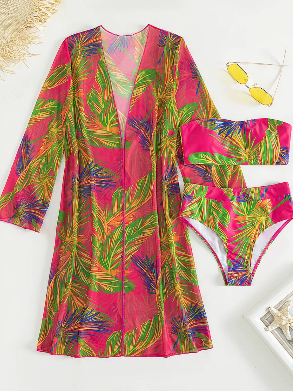 Botanical Print Tube Top, Swim Bottoms, and Cover Up Set - NawdeX