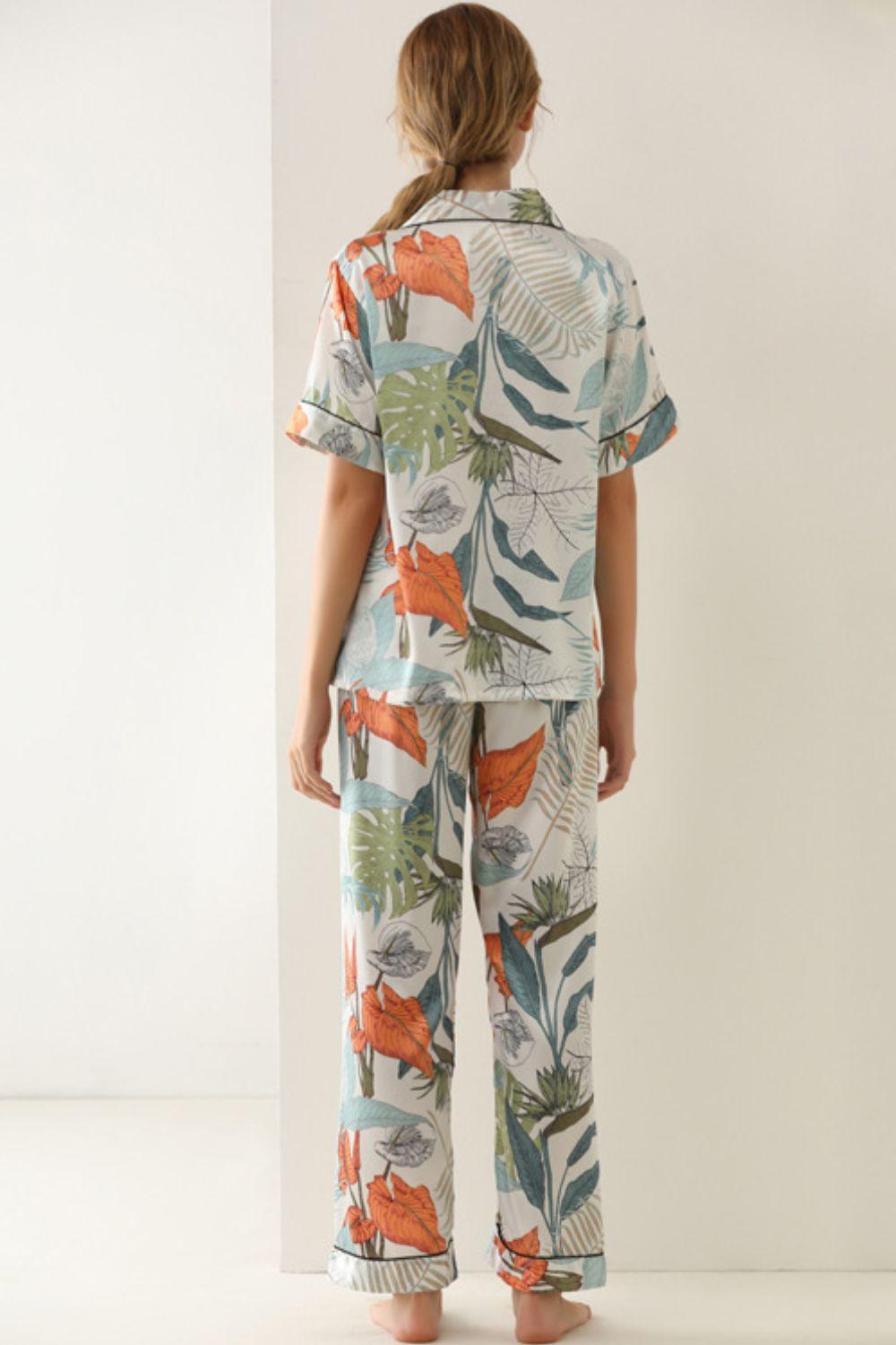 Botanical Print Button-Up Top and Pants Pajama Set - NawdeX