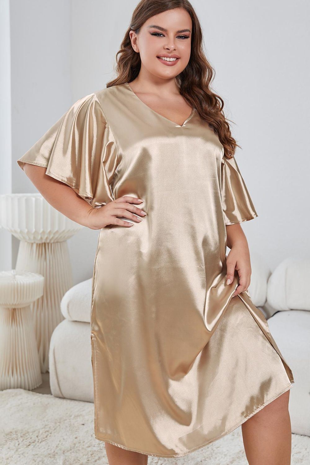 Plus Size Flutter Sleeve V-Neck Side Slit Night Gown - NawdeX