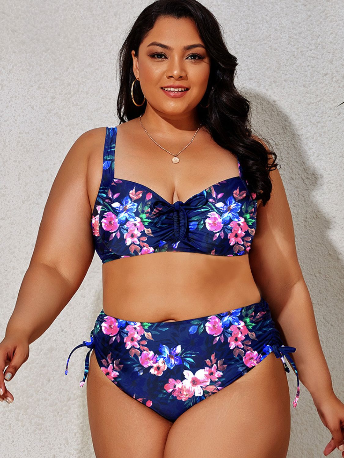 Plus Size Printed Drawstring Detail Bikini Set - NawdeX