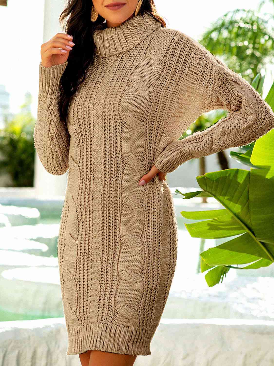 Turtleneck Ribbed Sweater Dress - NawdeX