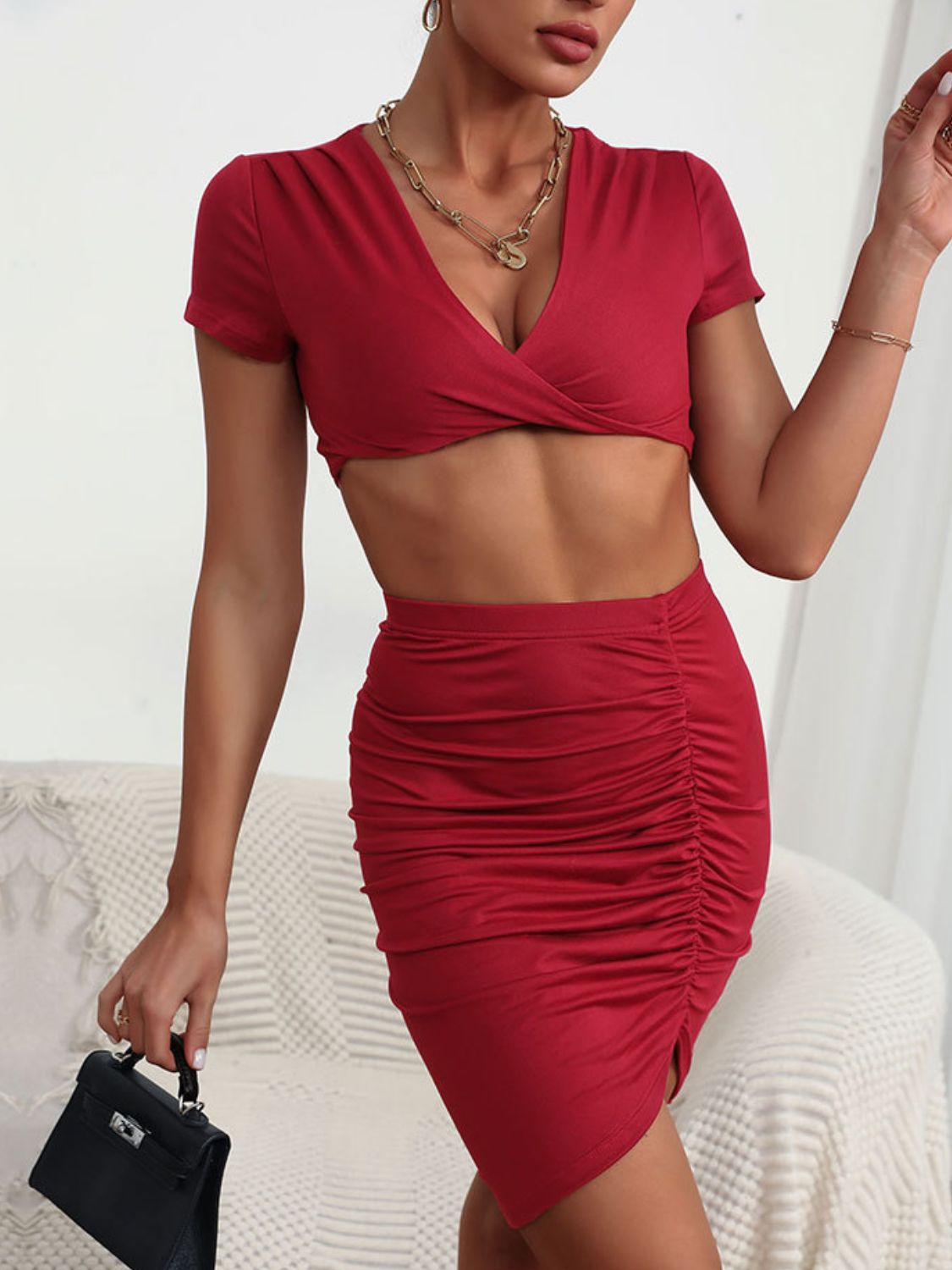 Twisted Deep V Cropped Top and Ruched Skirt Set - NawdeX