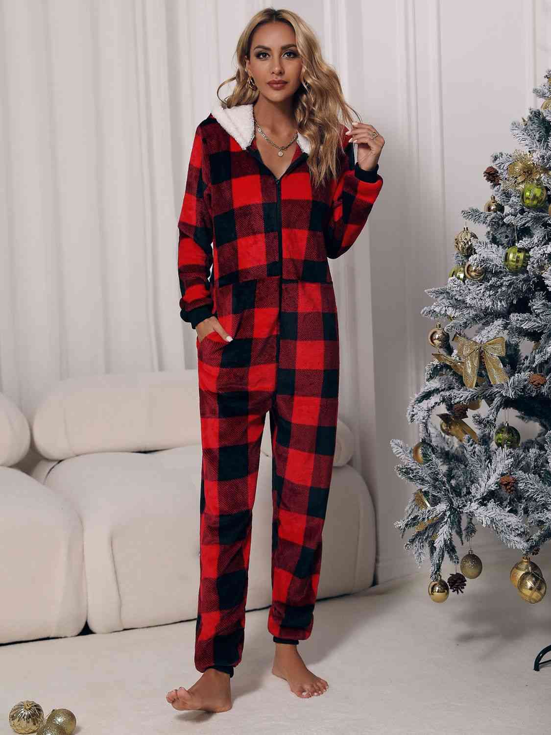 Plaid Zip Front Long Sleeve Hooded Lounge Jumpsuit - NawdeX