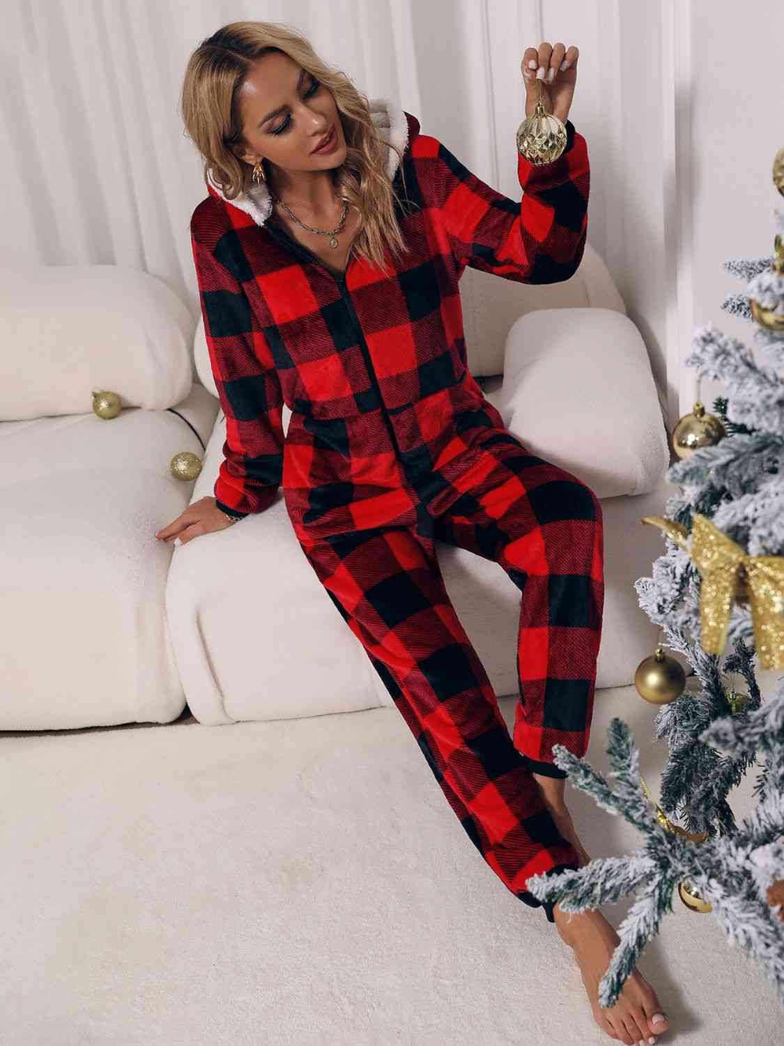 Plaid Zip Front Long Sleeve Hooded Lounge Jumpsuit - NawdeX