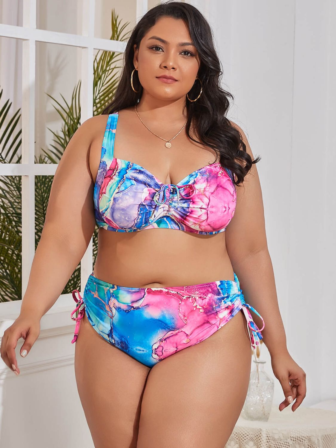 Plus Size Printed Drawstring Detail Bikini Set - NawdeX