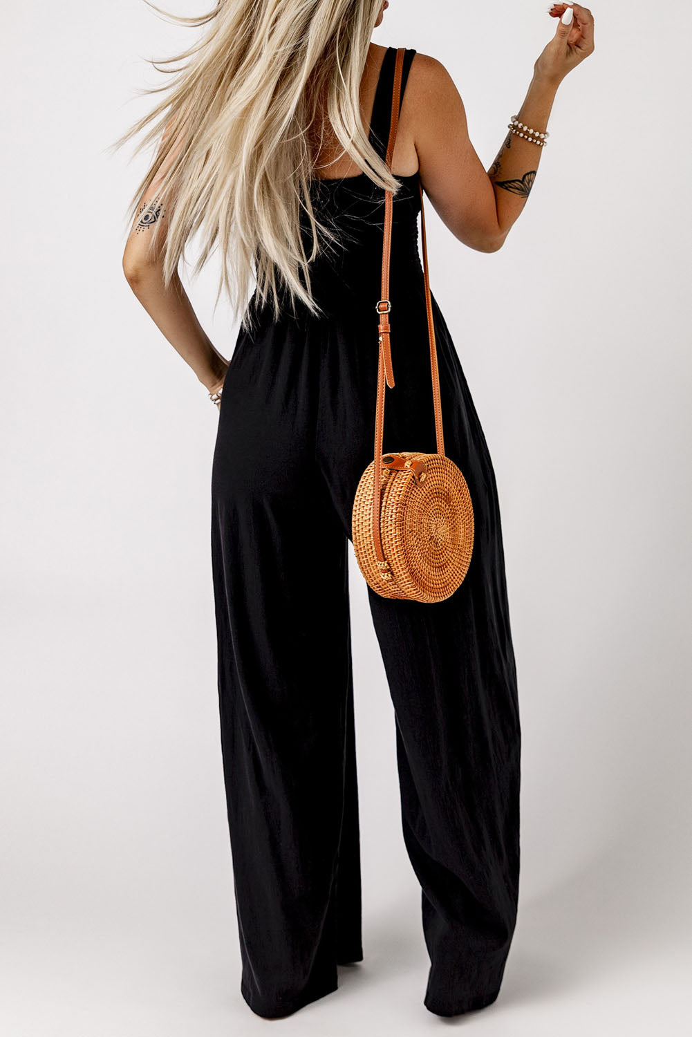 Smocked Square Neck Wide Leg Jumpsuit with Pockets - NawdeX