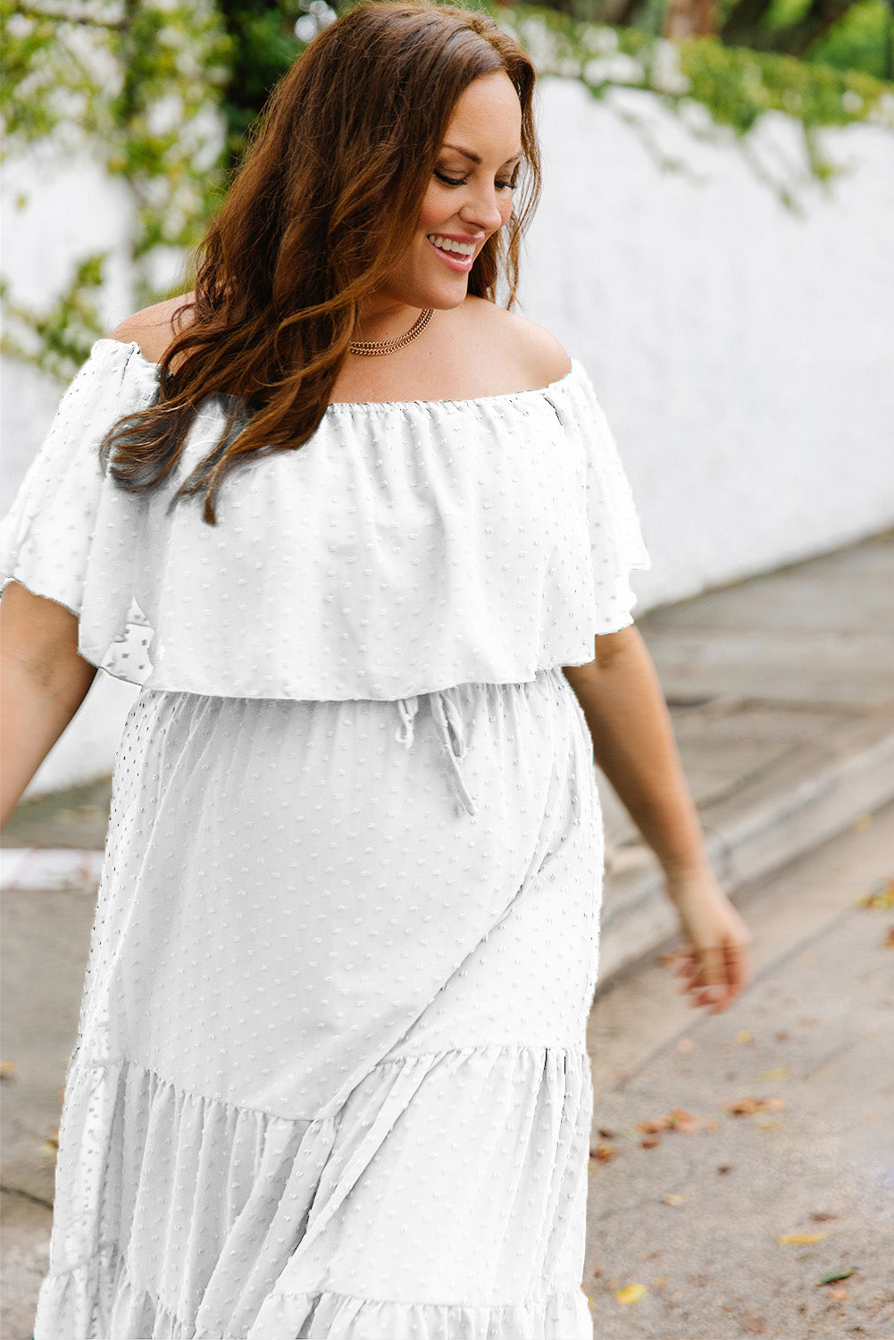 Plus Size Swiss Dot Off-Shoulder Tiered Dress - NawdeX