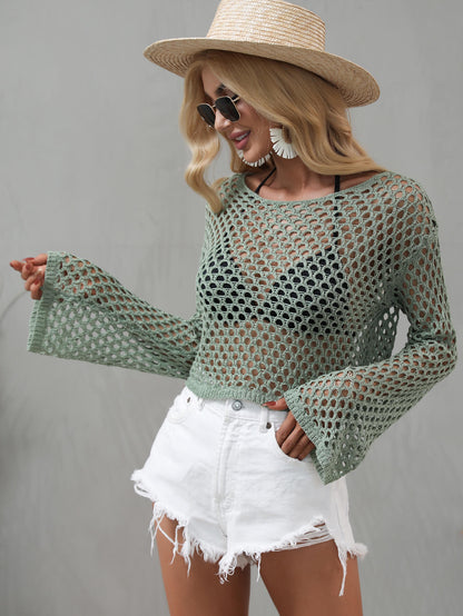 Openwork Flare Sleeve Cropped Cover Up - NawdeX