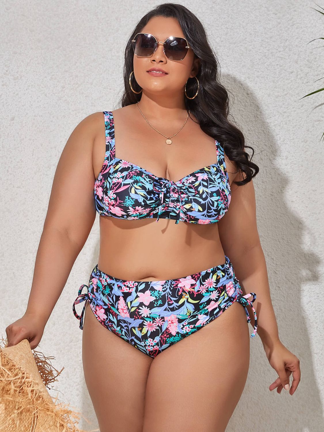 Plus Size Printed Drawstring Detail Bikini Set - NawdeX