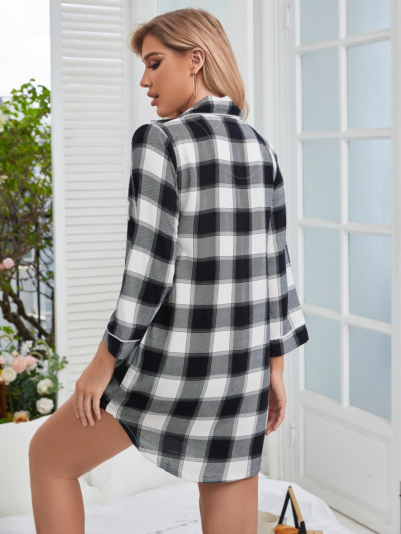 Plaid Lapel Collar Shirt Dress - NawdeX