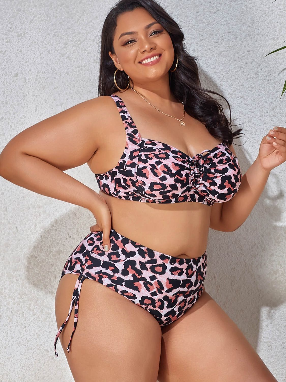 Plus Size Printed Drawstring Detail Bikini Set - NawdeX