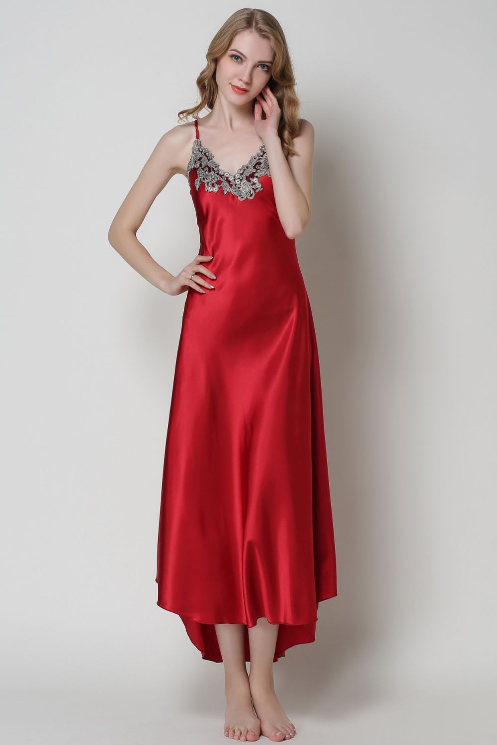 Full Size Lace Trim V-Neck Spaghetti Strap Satin Night Dress - NawdeX